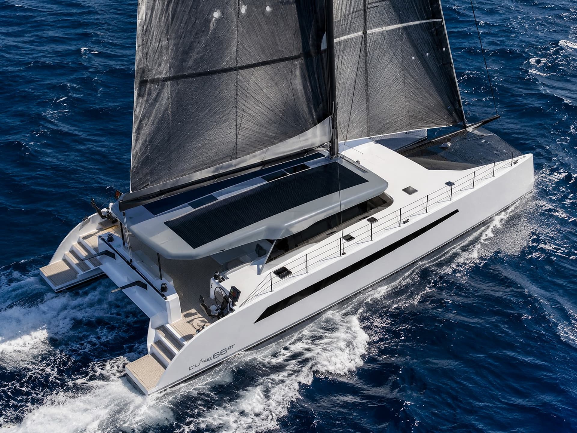 Cure 68GT aerial view under full sail