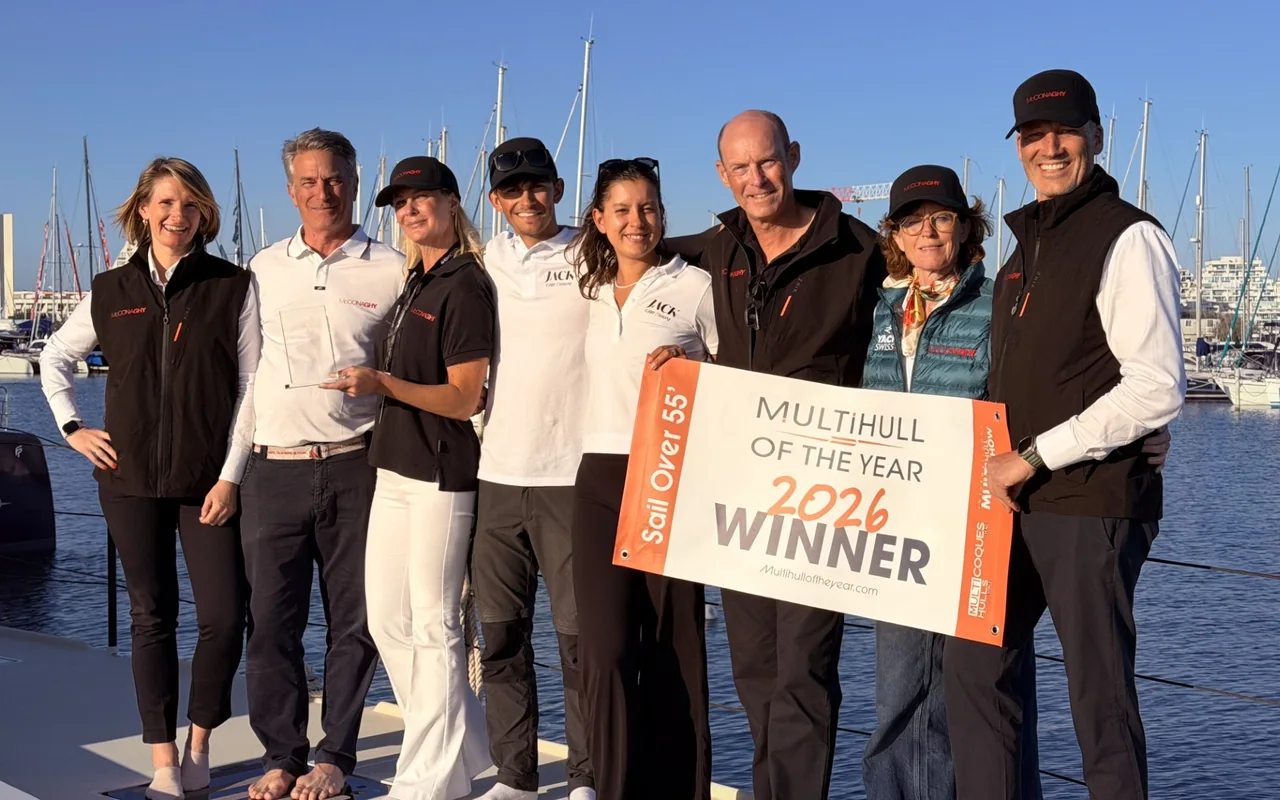 The McConaghy team with the Multihull of the Year 2026 award aboard a Cure catamaran