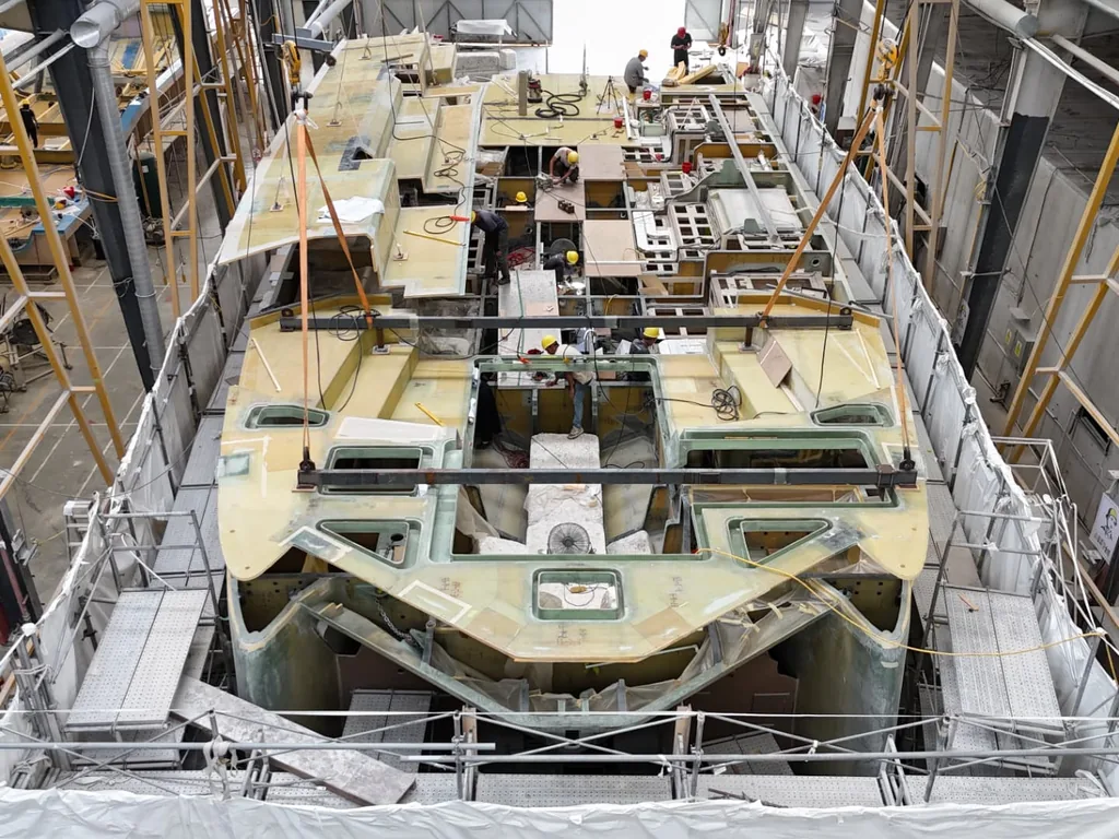 A Cure catamaran platform under construction at McConaghy
