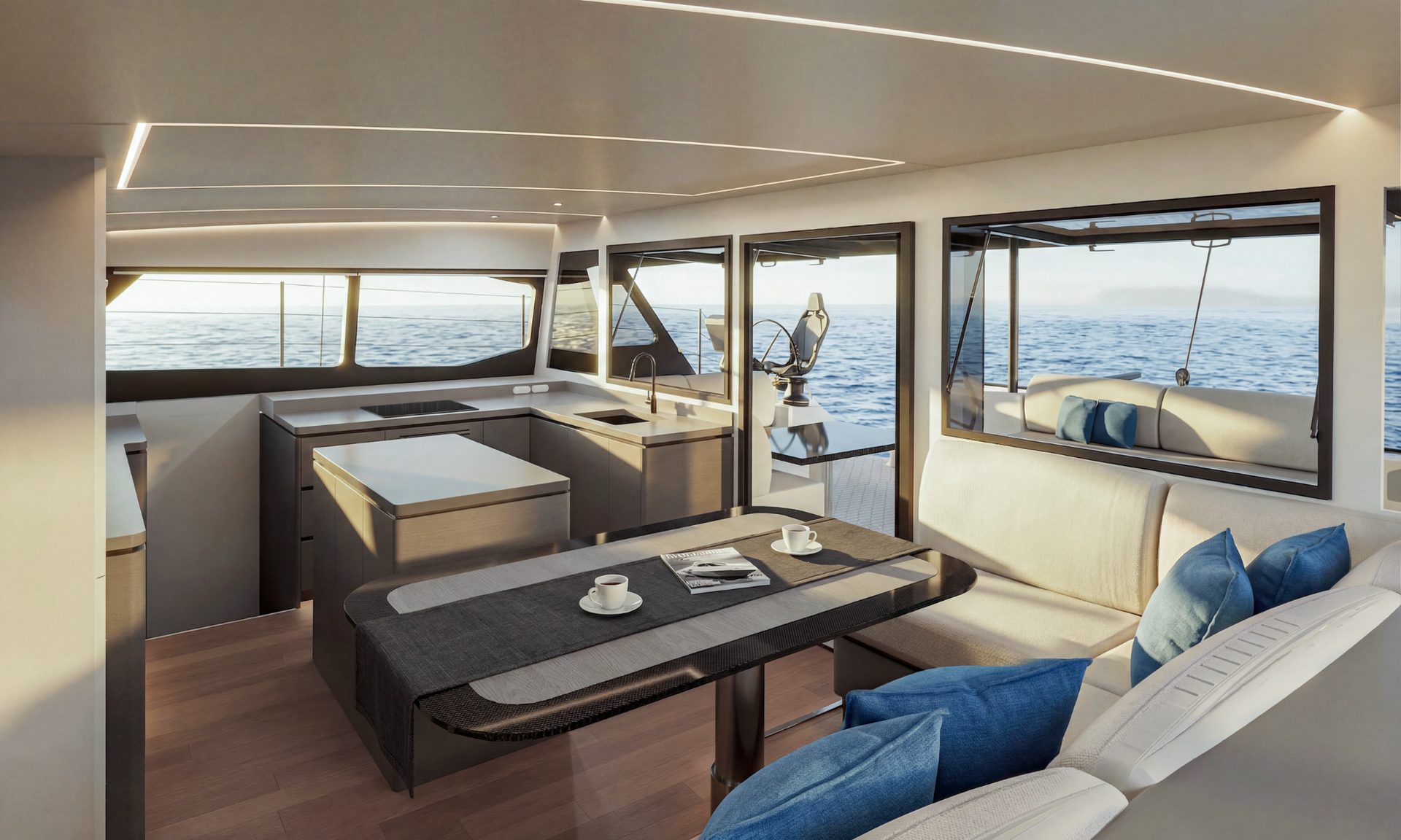 Cure 48GT saloon and galley with ocean views