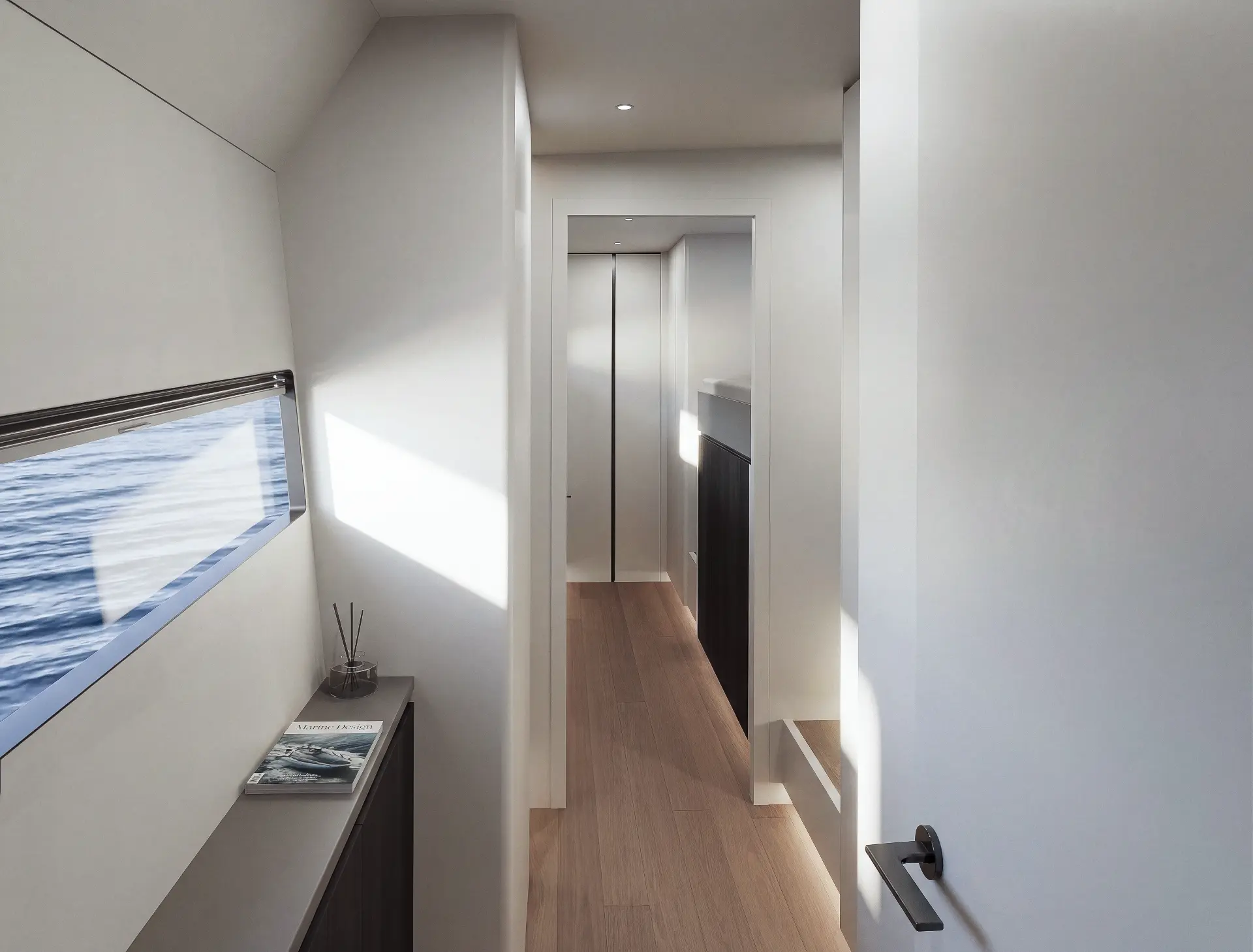 Cure 55GT port cabin corridor and desk