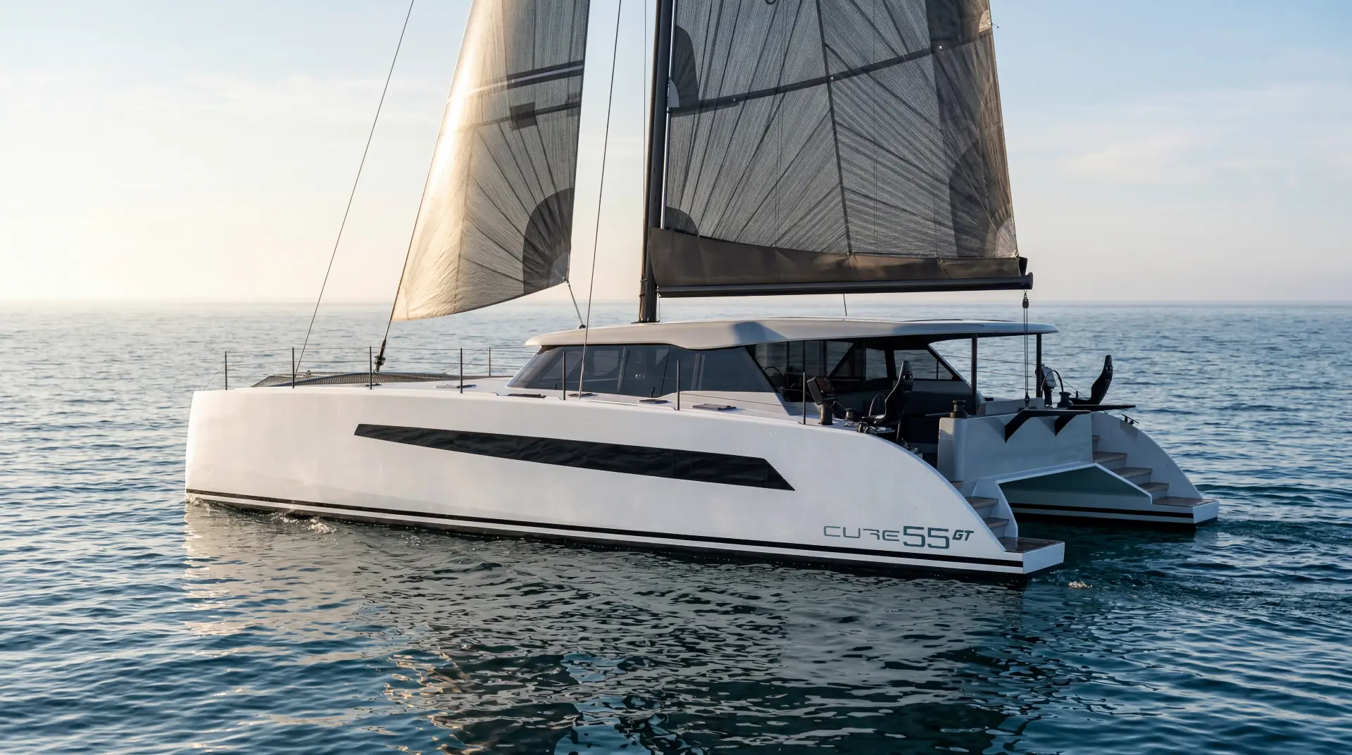 Cure 55GT sailing at sunset, bow-on profile