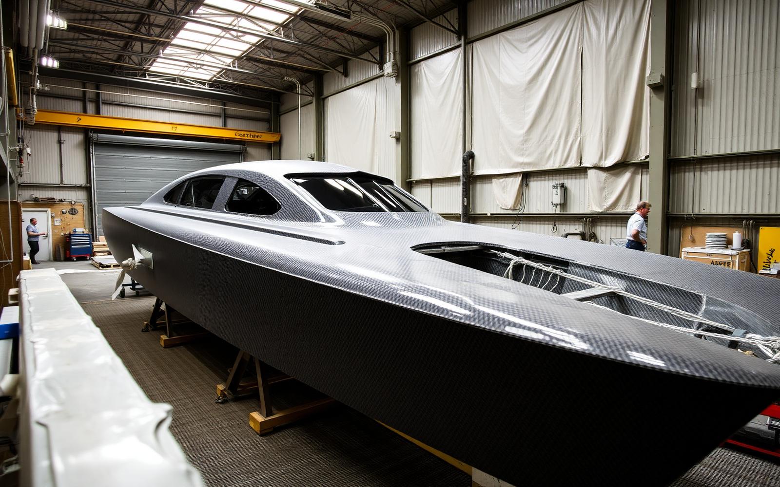 Carbon catamaran hull under construction at the McConaghy facility